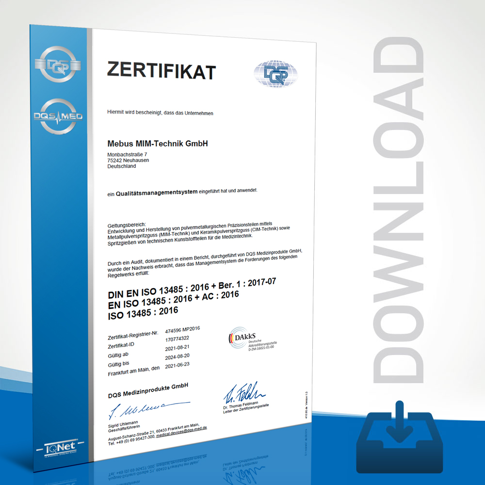 Mebus MIM-Technik Zertifikat DIN EN ISO 13485
